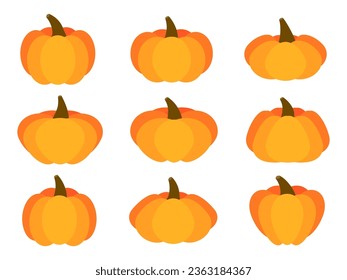 Las calabazas se ponen sobre fondo blanco. Colección de calabazas anaranjadas para Acción de Gracias y Halloween. Elemento de diseño tradicional de otoño para carteles, afiches y artículos promocionales. Ilustración del vector