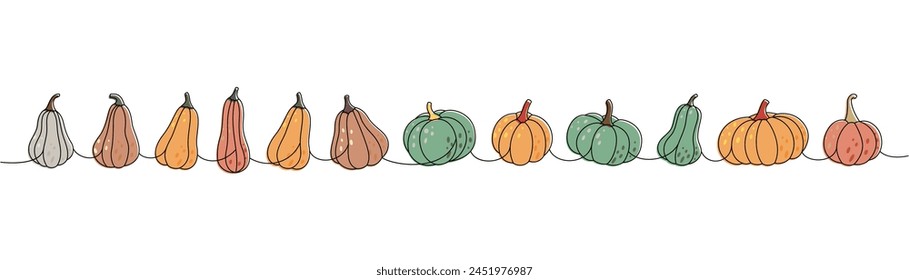 Calabazas. Calabazas de una línea de color dibujo continuo. Ilustración continua de una línea de verduras de halloween de otoño. Ilustración vectorial.