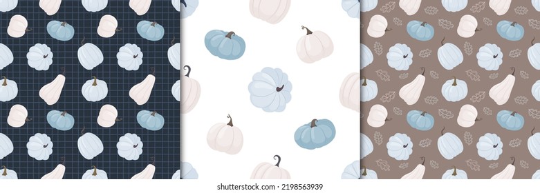 Pumpkins set of seamless patterns. Pastel palette.