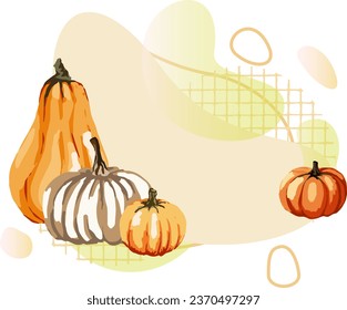 Pumpkins set, spots and shapes, checkered texture, line. Vegetable illustration in warm autumn colors. Frame, place to place a photo, text, logo, etc. Clipart. Isolated element. 