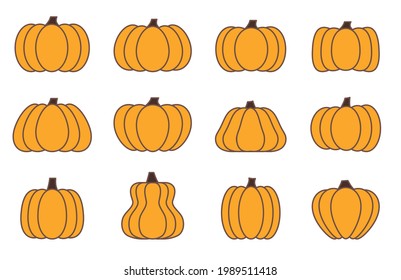 Pumpkins set in various shapes, brown outlined, colored orange vegetable. Halloween collection. Thanksgiving holiday celebration. Textiles, banners, posters, wallpapers, wrapping. Stickers and labels