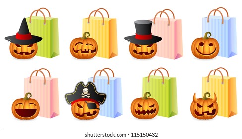 Pumpkins and Shoppingbags; Halloween Shopping Set; Halloween Theme; Vector Illustration