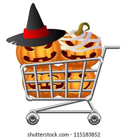 Pumpkins and Shoppingcart; Halloween Shopping Theme; Isolated Vector Illustration