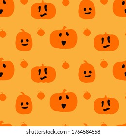 Silueta de calabazas con caras lindas Patrón de incordancia de Halloween. Esplandor anaranjado de diferentes formas y emoción, diseño de fondo ilimitado. Ornamento para envolver papel, tela, impresión. Ilustración del vector