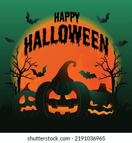pumpkins silhouette  gradient dark green ,halloween black and green illustration with orange full moon