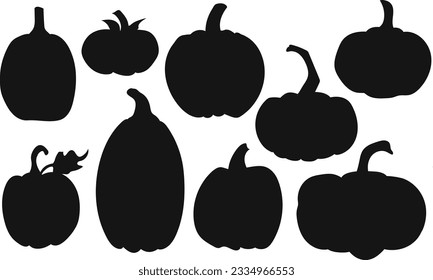 Pumpkins, silhouette of pumpkins. Set of silhouettes of pumpkins. Boo! Halloween, holiday. Silhouette, black shadow. Frightening, shadow theater. Pumpkin pattern, autumn pumpkins, 