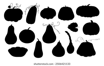 Pumpkins silhouettes set hand drawn doodle vector illustration for seasonal home or party decor, Thanksgiving or Halloween holiday design element, minimalist concept, autumn holiday celebration