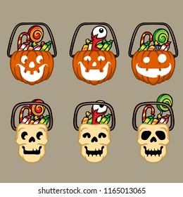 Pumpkins and Skull Halloween basket full of candy.