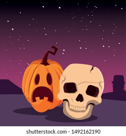 pumpkins and skull happy halloween celebration design