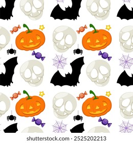 Pumpkins, skulls, bats, and candy in a pattern