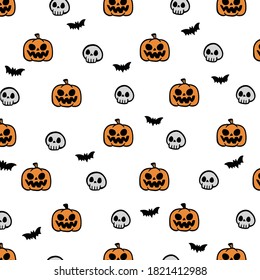 Pumpkins and skulls line up as backgrounds used in the Halloween season.