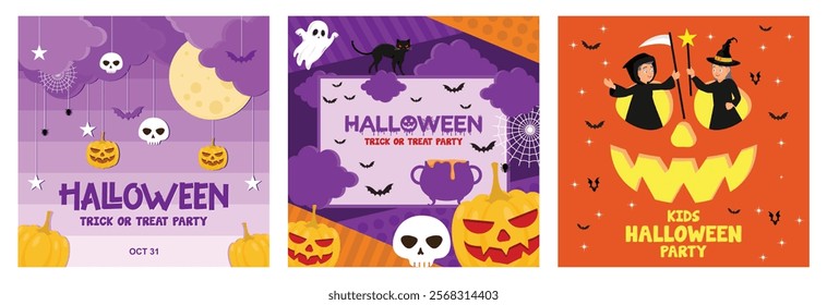 Pumpkins and skulls on a purple background. Halloween party with night clouds frame.Halloween children party. Halloween Party Concept. Set flat vector illustration.