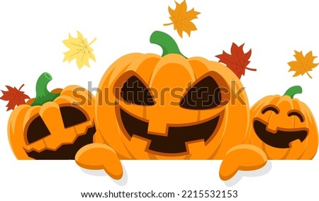 Pumpkins smile and point to the place for the text. Halloween