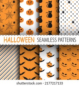 Pumpkins, spiders, bats, cats and creepy faces. Vector halloween seamless patterns collection in orange, black and white colors. Best for textile, print, wrapping paper and festive decoration.