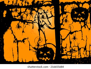 Pumpkins spiders and dark tree on the orange Halloween background