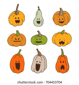 Pumpkins with spooky faces for kids. Isolated design elements for Halloween kid party. Autumn collection.