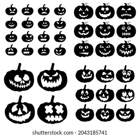 Pumpkins spooky smile silhouettes set . Jack-o-lantern carved facial expressions for halloween card or invitation. Vector illustration isolated on white background.