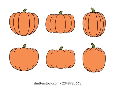 Pumpkins, squashes isolated, Halloween set. Hand drawn vector illustration. Cartoon style line art design. Autumn print element, fall vegetable, Thanksgiving, harvest festival, seasonal ingredient