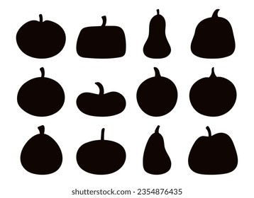 Pumpkins, squashes silhouettes isolated, big Halloween set. Hand drawn vector illustration. Cartoon style flat design. Autumn, fall vegetable, Thanksgiving, harvest festival, seasonal print element