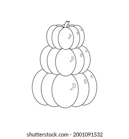 Pumpkins stacked in a pile. Three pumpkins made up one on top of the other. A symbol of a harvest, a holiday, a Halloween. Black and white outline