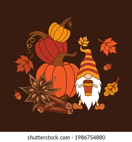 Pumpkins , star anise, cinnamon sticks, autumn leaves and gnome with a cup of pumpkin spice drink. Holiday card. Vector fall design.
