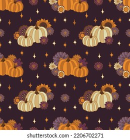 Pumpkins stars and flowers purple seamless pattern. 70s boho Halloween background in retro style vector illustration.