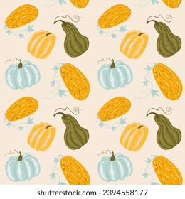 pumpkins with stripes and different colors on a beige background. colorful pumpkins