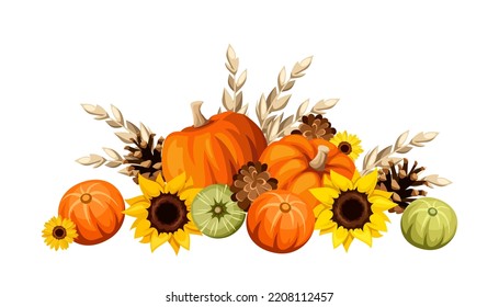 Pumpkins, sunflowers, ears of wheat, and cones isolated on a white background. Vector illustration