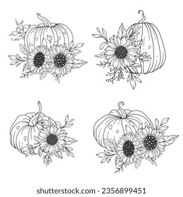 Pumpkins with Sunflowers Line Art Illustration, Outline Pumpkin arrangement Hand Drawn Illustration. Coloring Page with Pumpkins.  Thanksgiving Pumpkins set. Thanksgiving Pumpkins set isolated on whit