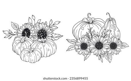 Pumpkins with Sunflowers Line Art Illustration, Outline Pumpkin arrangement Hand Drawn Illustration. Coloring Page with Pumpkins.  Thanksgiving Pumpkins set. Thanksgiving Pumpkins set isolated on whit