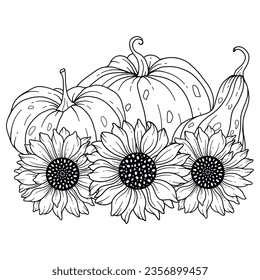 Calabazas con líneas de girasol Ilustración de arte, disposición de calabaza de contorno Ilustración dibujada a mano. Coloriendo página con calabazas.  Pumpkins de Acción de Gracias. Calabazas de Acción de Gracias aisladas en blanco