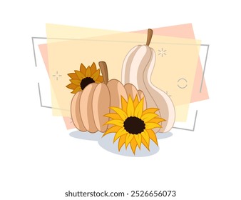 Ilustración vectorial de calabazas y girasoles sobre fondo abstracto. Dibujo de dibujos animados para el diseño de Anuncio. Otoño o otoño, cosecha, verduras, concepto de Acción de Gracias
