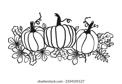 Calabazas gracias ilustración blanco y negro para corte láser o página de color, vector 