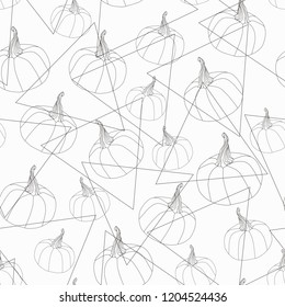 Pumpkins and triangles. Black and white seamless vector pattern. Simple geometric background is good for any kind of prints
