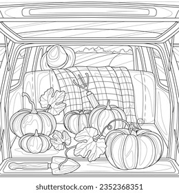 Pumpkins in the trunk of the car.Coloring book antistress for children and adults. Illustration isolated on white background.Zen-tangle style. Hand draw