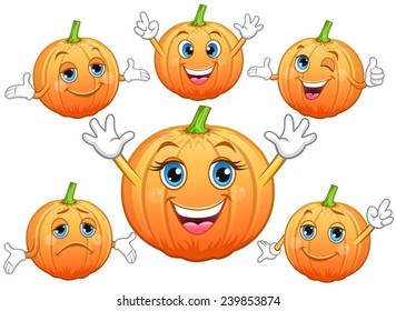 Pumpkins with various face expressions and moods.