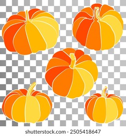 Pumpkins with varying shades of orange and yellow vector illustration. The pumpkins in a stylized, flat design, arranged against a transparent background. Halloween or thanksgiving symbols.