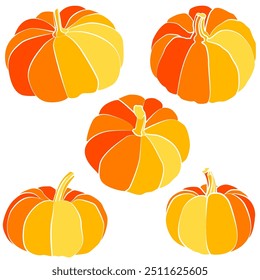 Pumpkins with varying shades of orange and yellow vector illustration. The pumpkins in a stylized, flat design, arranged against white background. Halloween or thanksgiving symbols.