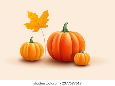 Ilustración vectorial de calabazas - calabazas anaranjadas realistas 3d y una hoja amarilla - para el Día de Acción de Gracias, Halloween, diseños de vacaciones de otoño