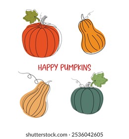 Pumpkins vector illustration design for Thanksgiving and children's book elements in line art doodle style. Outlined pumpkin.