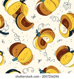 Pumpkins - vector illustration, seamless pattern. Background for fabric, textile, wallpaper, posters, gift wrapping paper, napkins, packaging, tablecloths. Scandinavian style. 