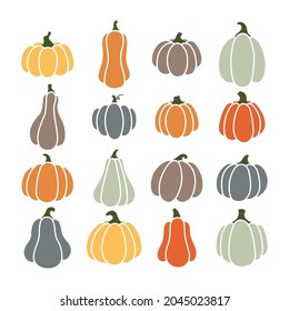 Pumpkins Vector Illustration. Set of Pumpkins of Different  Shapes and Colors