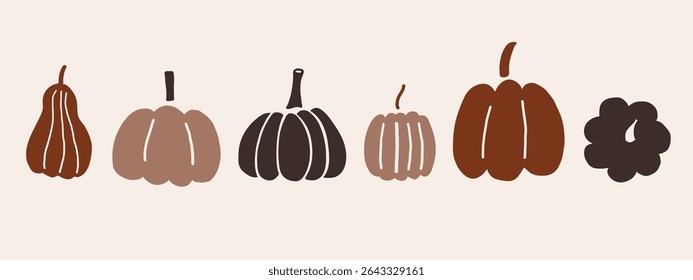 Pumpkins vector illustrations of autumn vegetable harvest. Silhouette of pumpkin plants, fall flowers in cartoon style. Design for Thanksgiving Day, autumnal season, event, flyer. Food ingredient, men