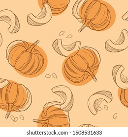 Pumpkins vector seamless pattern. Hand drawn colorful illustration. Halloween background