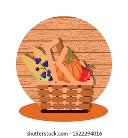 pumpkins with vegetables of autumn in wicker basket vector illustration design