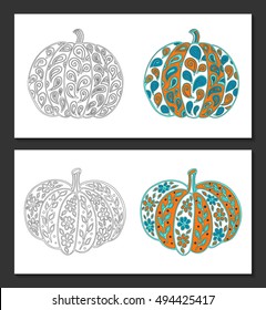 Pumpkins with vintage style paisley and floral ornaments. Black-white and colored samples for coloring books for adult, posters, postcards, t-shirt and pillow case prints. EPS 10 vector. Isolated.