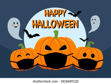 Pumpkins wearing medical face mask with ghost, bats and the moon in flat design. Halloween festival in Covid-19 Coronavirus outbreak concept vector illustration.