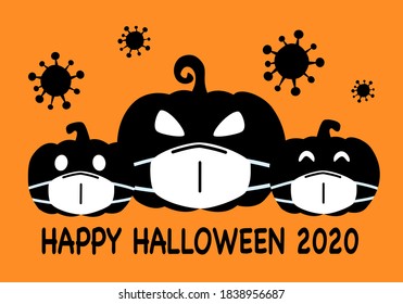 Pumpkins wearing medical face mask with virus cells around in flat design. Halloween festival in Covid-19 Coronavirus outbreak concept vector illustration.