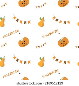 Pumpkins wearing witch hats with bats halloween seamless pattern with white background. Autumn october holiday paintings for decoration