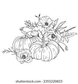 Calabazas con flores silvestres Línea Ilustración de arte, disposición de calabaza de contorno Mano Dibujo Ilustración. Coloriendo página con calabazas.  Calabazas de Acción de Gracias y juego de amapola. Juego de calabazas de Acción de Gracias 